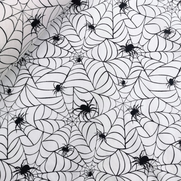 Halloween Polycotton- SPIDERS AND WEBS ON WHITE